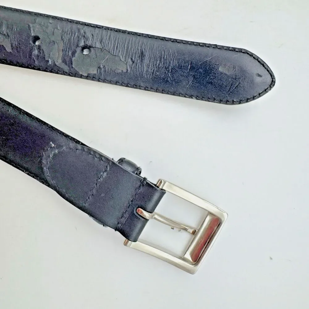 Polo Ralph Lauren Black Italian Leather Belt Men's 38 Silver Buckle & Logo FLAW